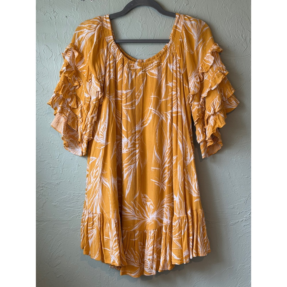 VICI Mustard Yellow Tropical Leaf Ruffle Sleeve Boho Mini Dress Womens Small